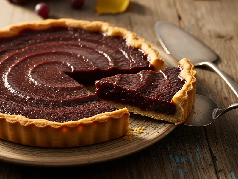 Part de tarte au vin cuit (raisinée) onctueuse et brillante sur une assiette
