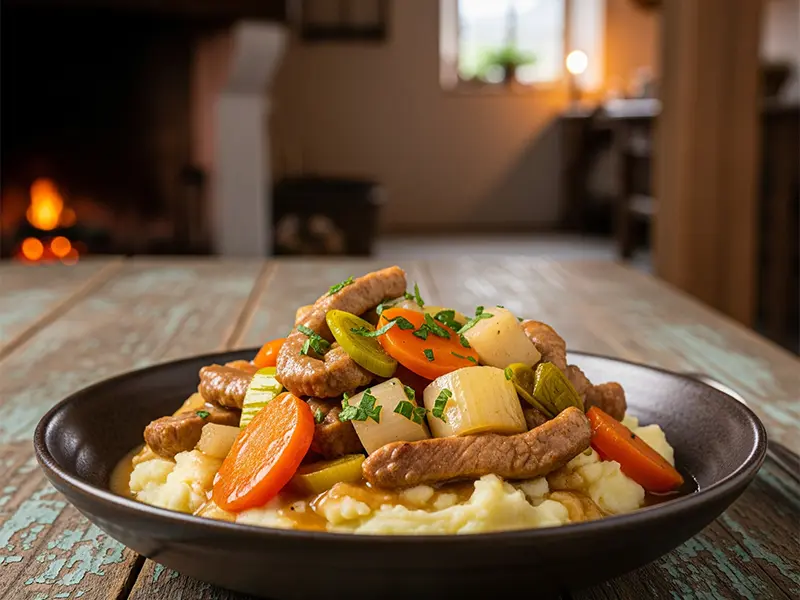 Aargauer Schnitz und Drunder, ein Eintopf aus Schweinefleisch und Gemüse, serviert auf Kartoffelpüree.