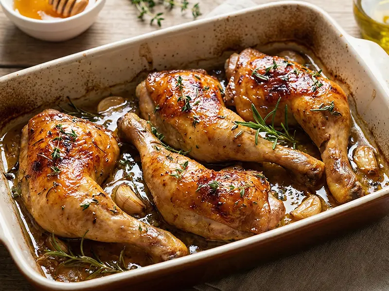 Cuisses de poulet laquées au miel dans un plat sortant du four