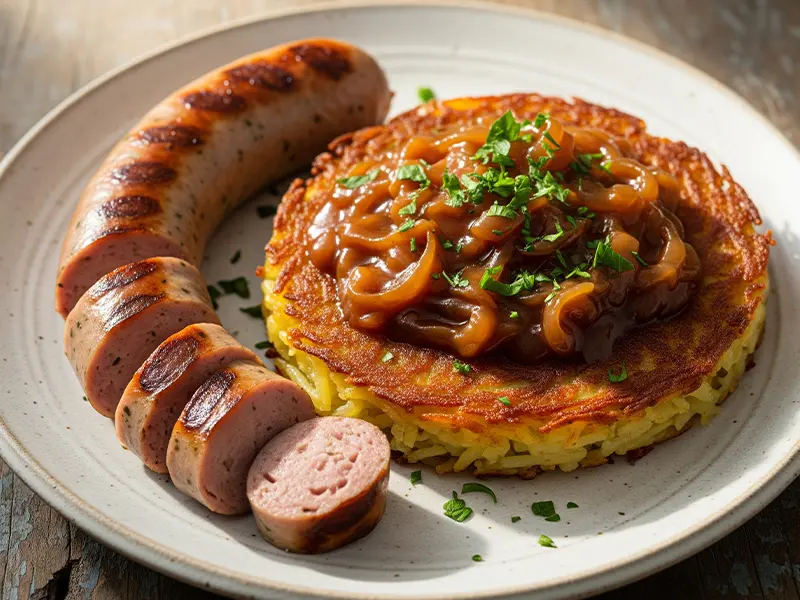 Schüblig de St-Gall avec un rösti croustillant et une sauce oignon