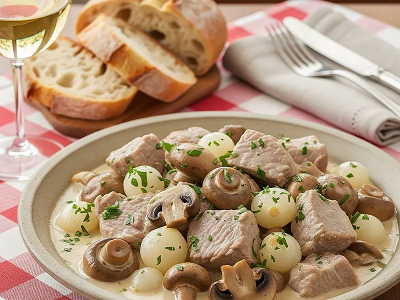 Plat de blanquette de veau crémeuse avec des champignons et des petits oignons