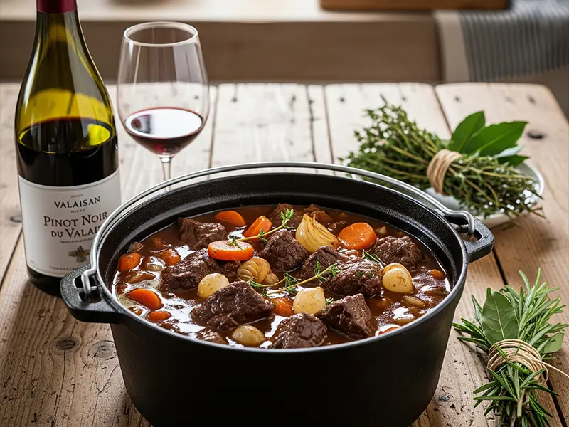 Plat de bœuf mijoté au Pinot Noir valaisan servi avec spaetzli maison