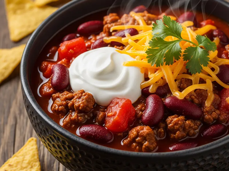 Bol de chili con carne fumant, garni de crème acidulée et de coriandre