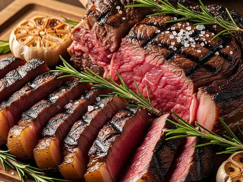 Grosse côte de bœuf grillée à la poêle, parfaitement dorée et juteuse