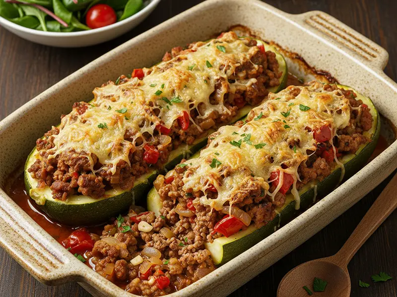 Grosse courgette farcie à la viande hachée et gratinée au four