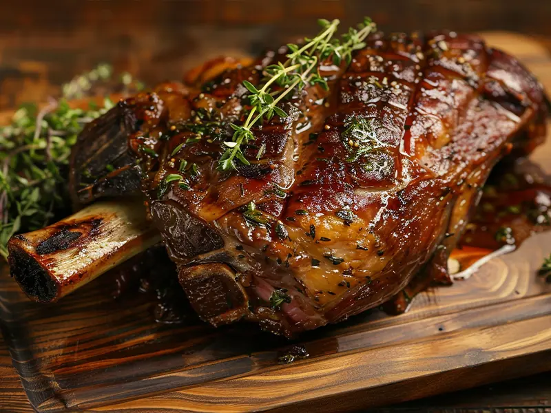 Gigot d'agneau rôti et doré dans un plat, avec des gousses d'ail