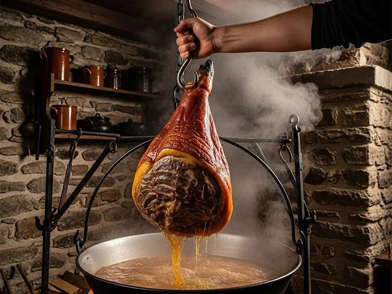 Jambon de la borne entier, fumé et poché, prêt à être servi pour la Bénichon