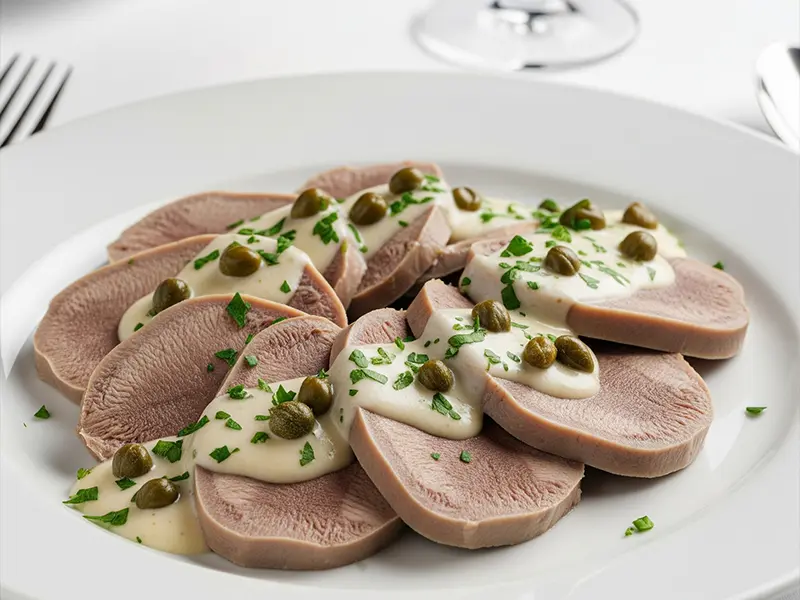 Tranches de langue de veau nappées d'une sauce crémeuse aux câpres et persil