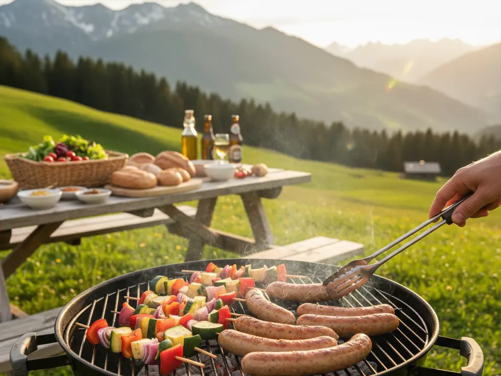 L'été suisse, saveurs de grillades. Grillades et brochettes sur un barbecue en extérieur, avec salade et pain.