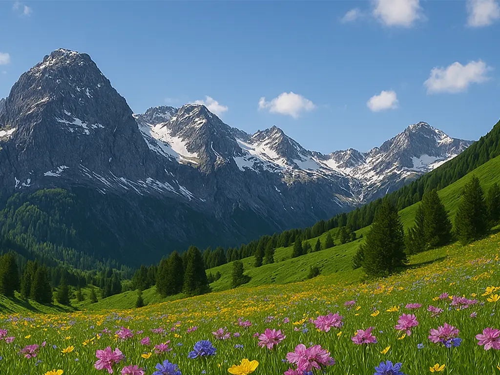 Le printemps en Suisse : une explosion de couleurs. Paysage alpin suisse au printemps, avec un chalet et des prairies fleuries.