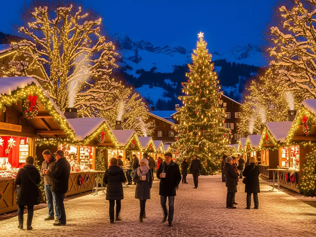 Ambiance féérique des marchés de Noël. Marché de Noël illuminé dans une ville suisse enneigée.