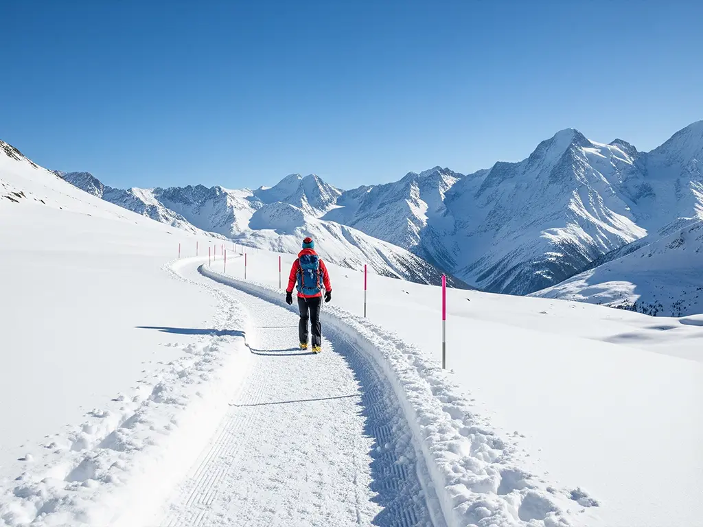 La beauté sereine des sentiers d'hiver. Randonneur sur un sentier enneigé dans les Alpes suisses.