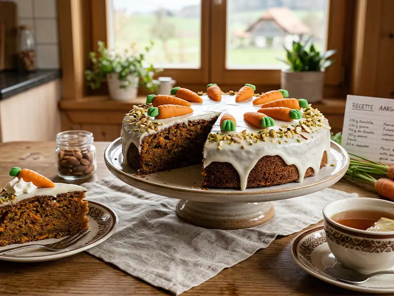 Gâteau aux carottes argovien moelleux avec glaçage et carottes en massepain
