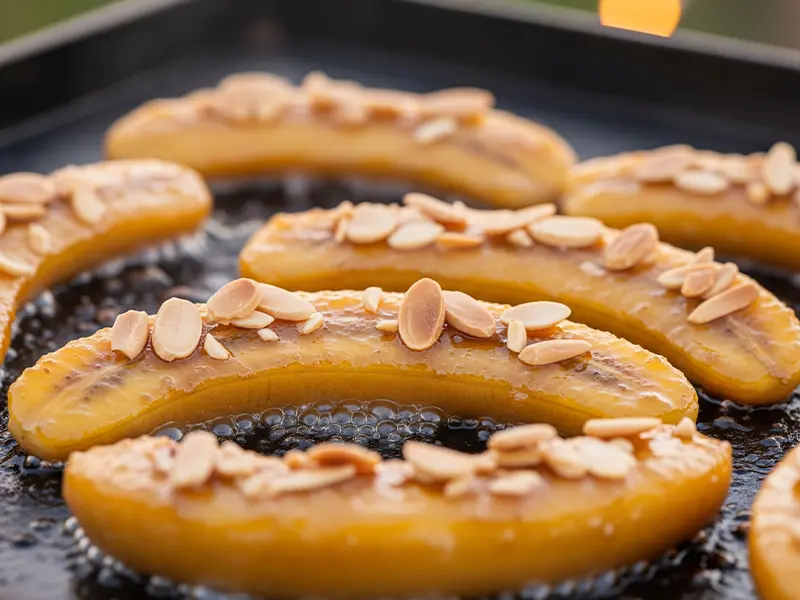 Bananes flambées au rhum dans une poêle, servies avec de la glace vanille