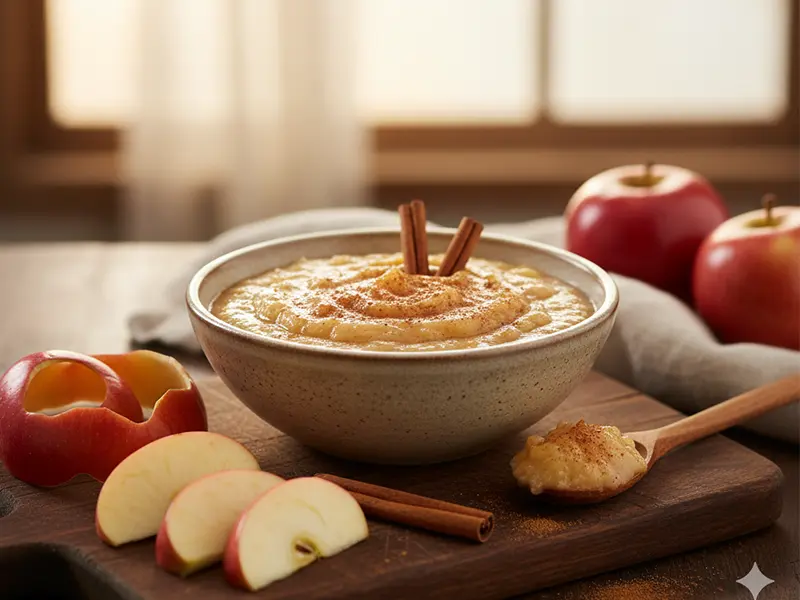 Compote de pommes maison onctueuse dans un bol, avec des morceaux de cannelle