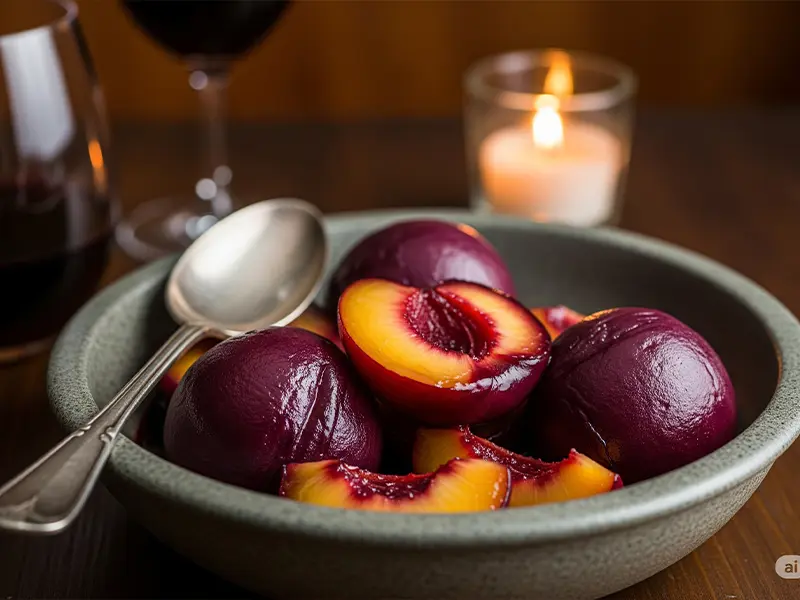 Pêches pochées au vin rouge