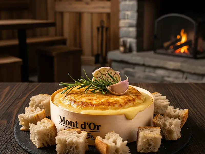 Mont d'Or au four, fondant et doré dans sa boîte en bois