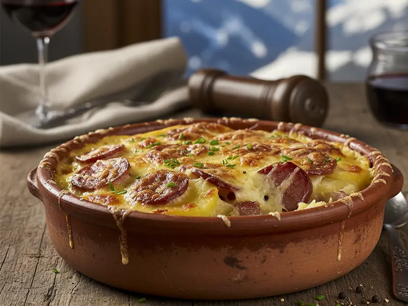 Gratin rustique de Plain in Pigna dans un plat en terre cuite, avec du fromage doré et des morceaux de Salsiz visibles