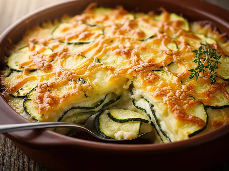 Gratin de courgettes doré et crémeux, prêt à être servi