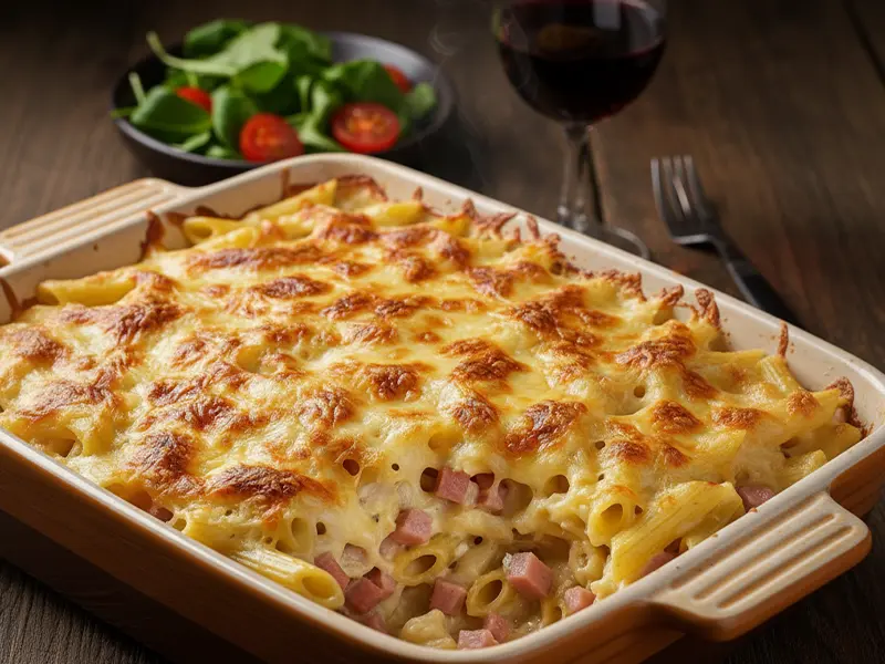 Gratin de pâtes crémeux au jambon et fromage, gratiné et doré