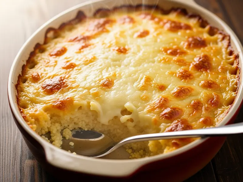 Gratin de semoule au fromage suisse, doré et bouillonnant, sortant du four