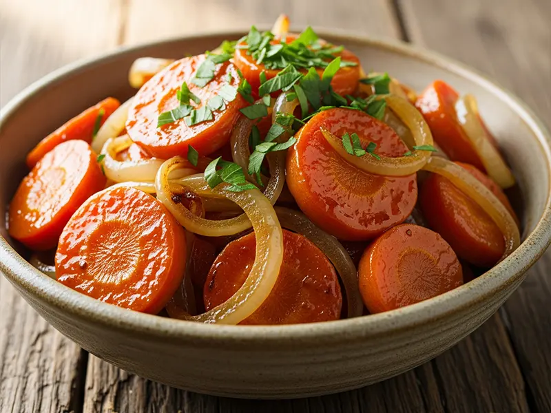 Plat de carottes en rondelles mijotées avec des oignons fondants