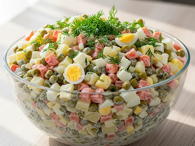 Bol de salade russe colorée, avec des légumes en dés et une sauce crémeuse
