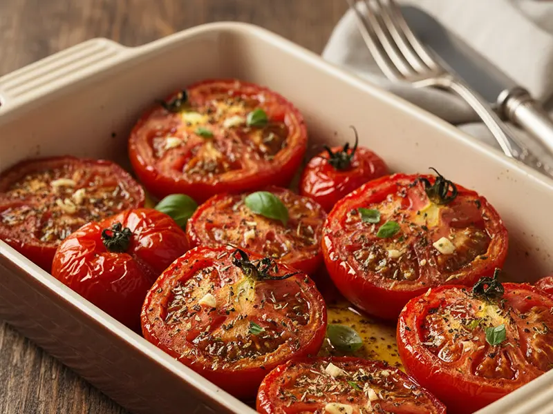 Tomates fraîches coupées en deux, grillées au four avec des herbes et de l'ail
