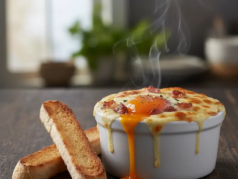 Œufs cocotte fumants avec lardons et fromage doré, servis dans un ramequin