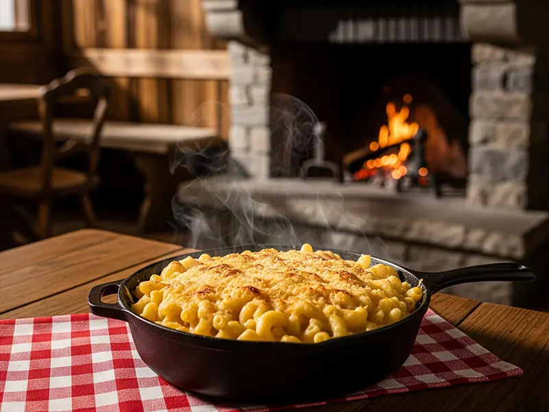 Plat de Macaronis du Chalet Fribourgeois avec oignons frits