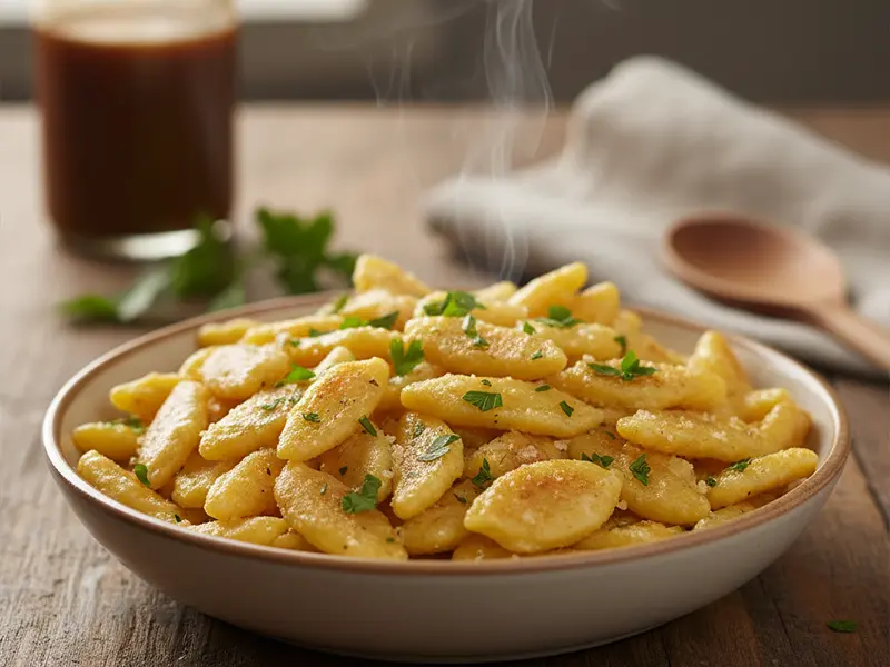 Spätzle faits maison, dorés au beurre et parsemés de persil frais