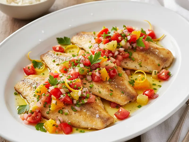 Filets de plie dorés au four, garnis de tranches de citron et d'herbes fraîches dans un plat blanc