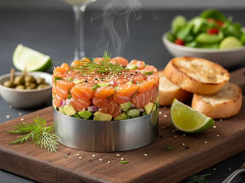 Tartare de saumon frais avec avocat et aneth, joliment dressé