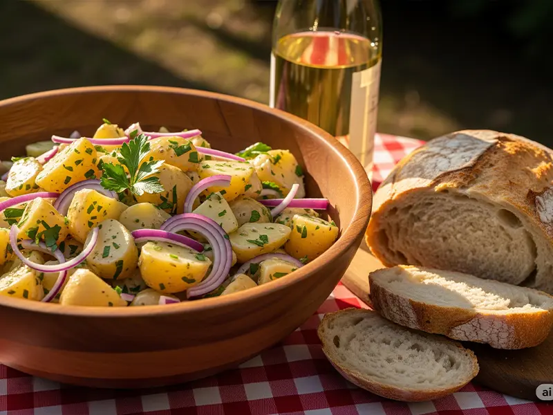 Salade de pommes de terre appenzelloise, tiède, avec de la ciboulette dans un saladier