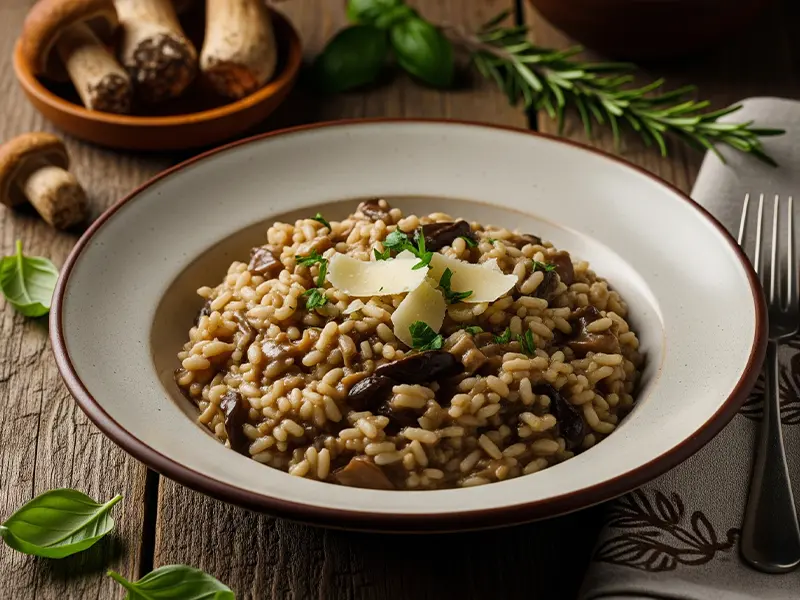 Assiette de risotto crémeux aux bolets avec du parmesan