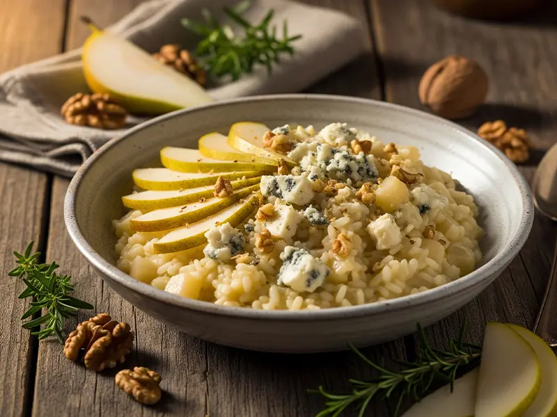 Risotto crémeux au gorgonzola, poires et noix, servi dans une assiette creuse