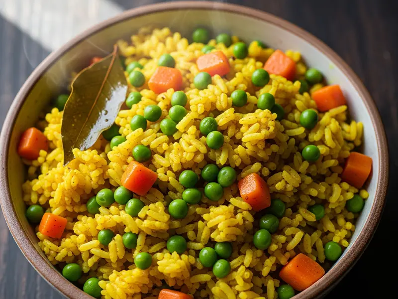 Bol de riz au curry jaune vif, mélangé avec des petits pois et des dés de carottes