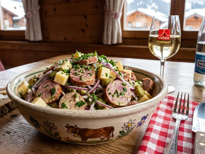 Salade de cervelas suisse garnie de fromage et d'oignons, avec sa vinaigrette
