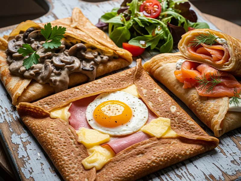 Assortiment de crêpes salées (galettes) avec différentes garnitures