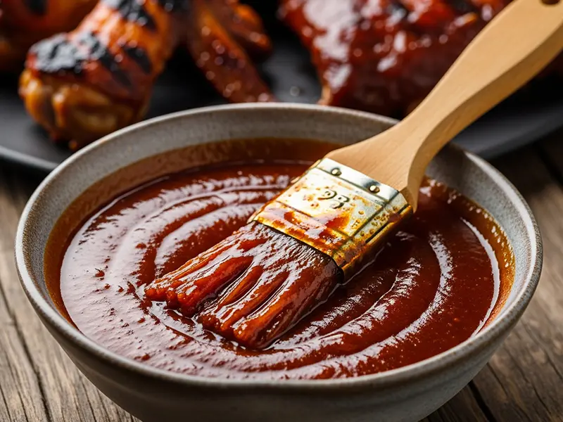 Sauce barbecue maison onctueuse dans un bol, à côté d'un pinceau de cuisine