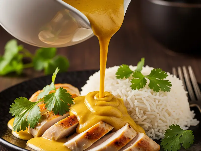 Sauce au curry onctueuse et dorée dans une saucière, prête à être servie