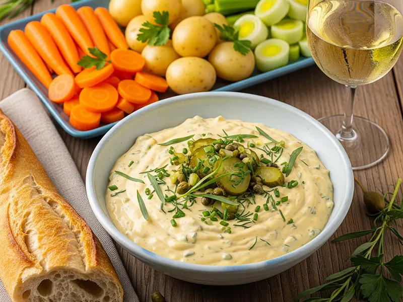 Bol de sauce gribiche onctueuse avec des herbes et des cornichons