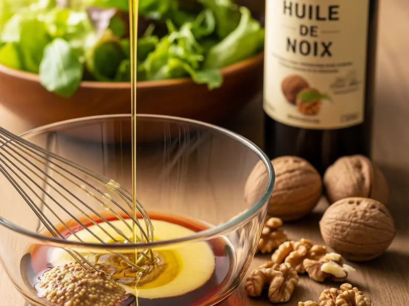 Bol de vinaigrette onctueuse à l'huile de noix avec une salade en arrière-plan