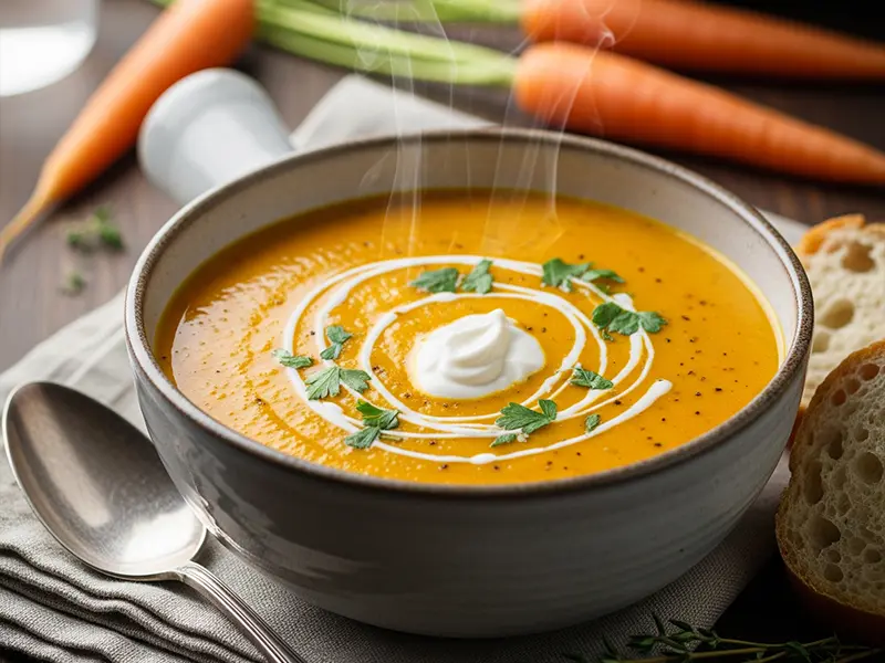 Soupe aux carottes d'Argovie, une soupe veloutée et orange servie dans un bol avec une touche de crème.