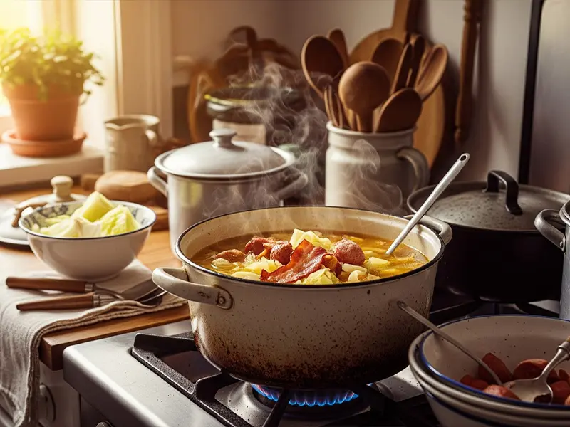 Bol de soupe aux choux fumante avec des légumes et du lard